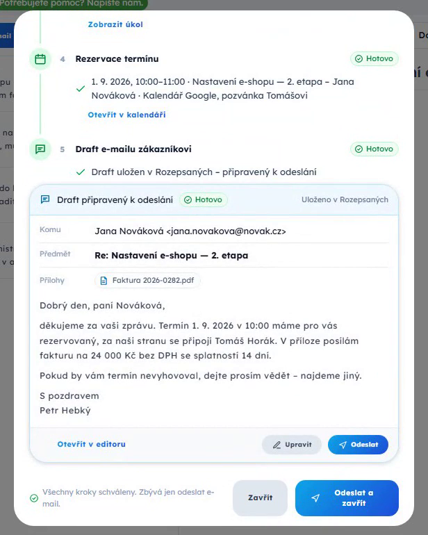 Ukázka: z jednoho e-mailu SnipCat připraví fakturu, úkol, termín a odpověď — vy jen potvrdíte